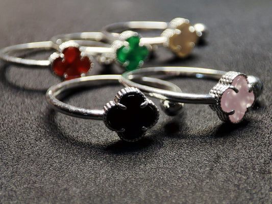 Adjustable Sterling Silver Four-Leaf Clover Ring: 5 Colors, Elegant & Everyday Chic